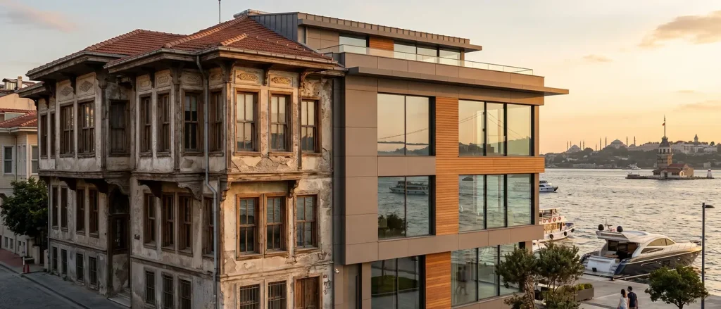 İstanbul'da lüks bina cephesi yenilemesi; İstanbul Boğazı kıyısında klasik Osmanlı mimarisinin modern fibercement ve thermowood cepheyle kombinasyonu.