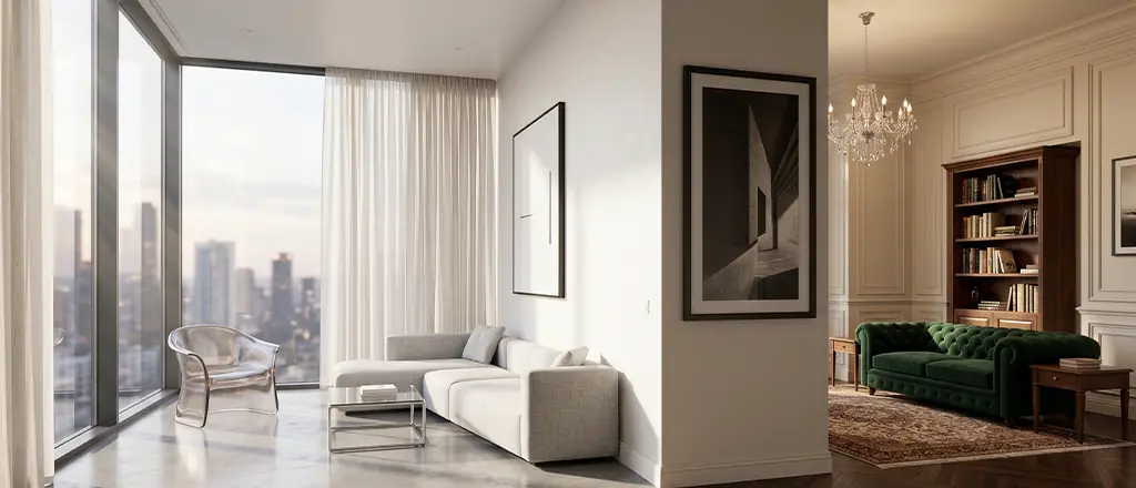Modern minimalist ve neoklasik tarzın ikili birleşimiyle lüks oturma odası iç mekân tasarımı
