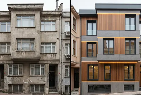 Yıpranmış bina cephesinin yenilenme öncesi ve sonrası karşılaştırması; hasarlı cephenin modern thermowood ve çimento paneller ile değiştirilmesi.