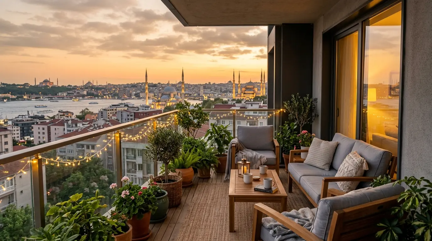 Ahşap mobilyalı ve ışıklandırılmış modern balkon dekorasyonu.