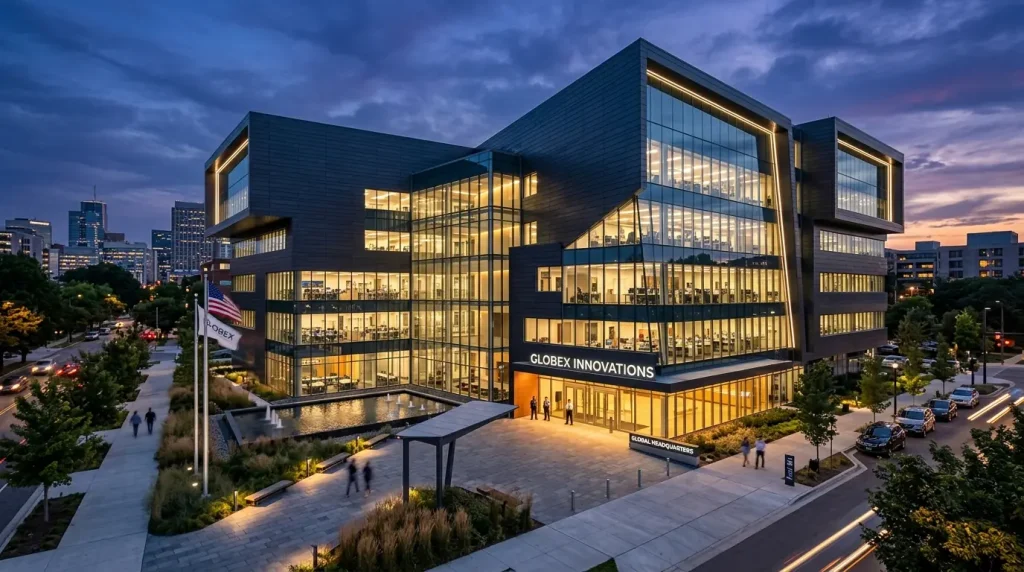 Gün batımında alüminyum kompozit ve cam giydirme cephe (curtain wall) kombinasyonu