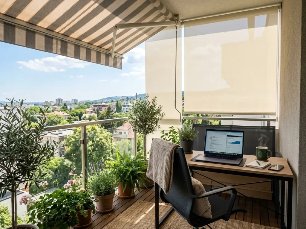 Çalışma masası ve güneşlikli balkon çalışma alanı.