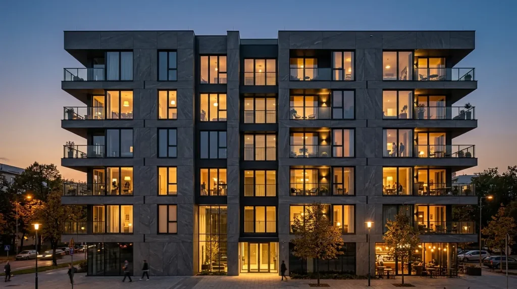 Modern apartmanda kuru sistem porselen seramik cephe uygulaması