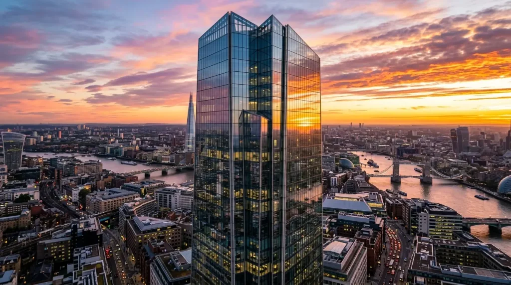 İş merkezi cam giydirme cephesinde (curtain wall) gün batımı yansıması