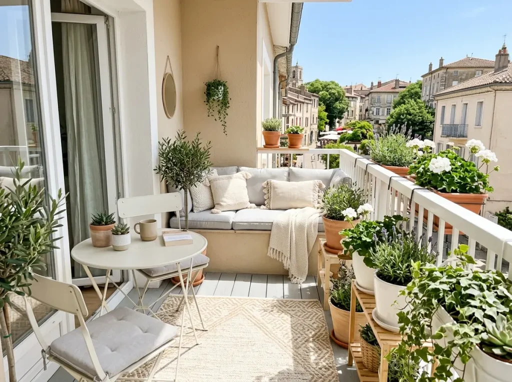 Ferah görünüm için açık renkli balkon dekorasyonu.