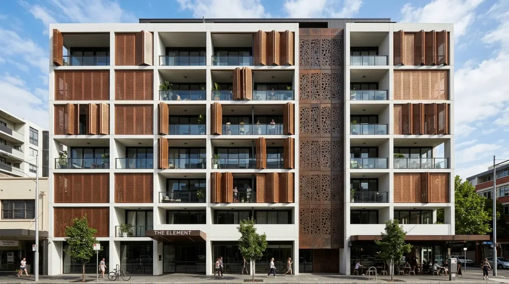 Apartmanda hareketli kepenkler ve perfore metal (punch metal) balkonlar