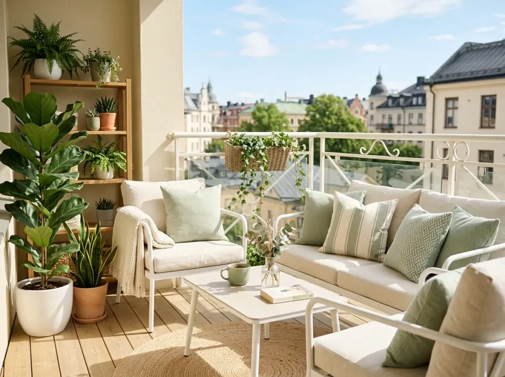 İskandinav tarzı krem ve açık tonlarda balkon.