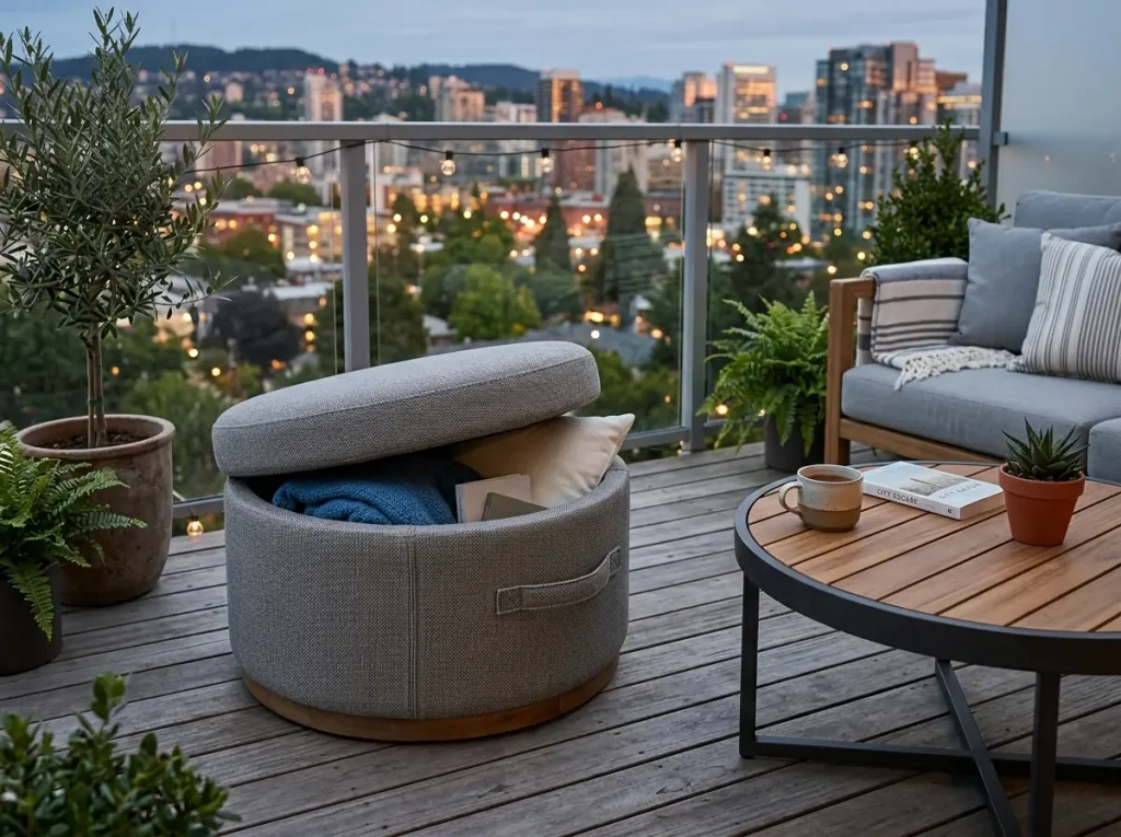 Sandıklı ahşap balkon bankı ile depolama çözümü.