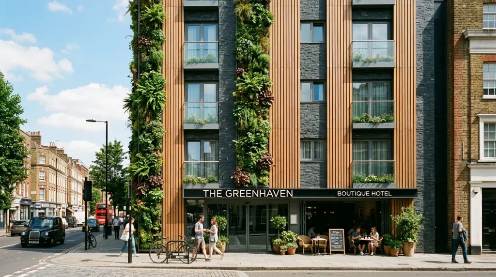 Dikey bahçe (yeşil duvar), ahşap thermowood ve doğal taş kombinasyonlu bina cephesi