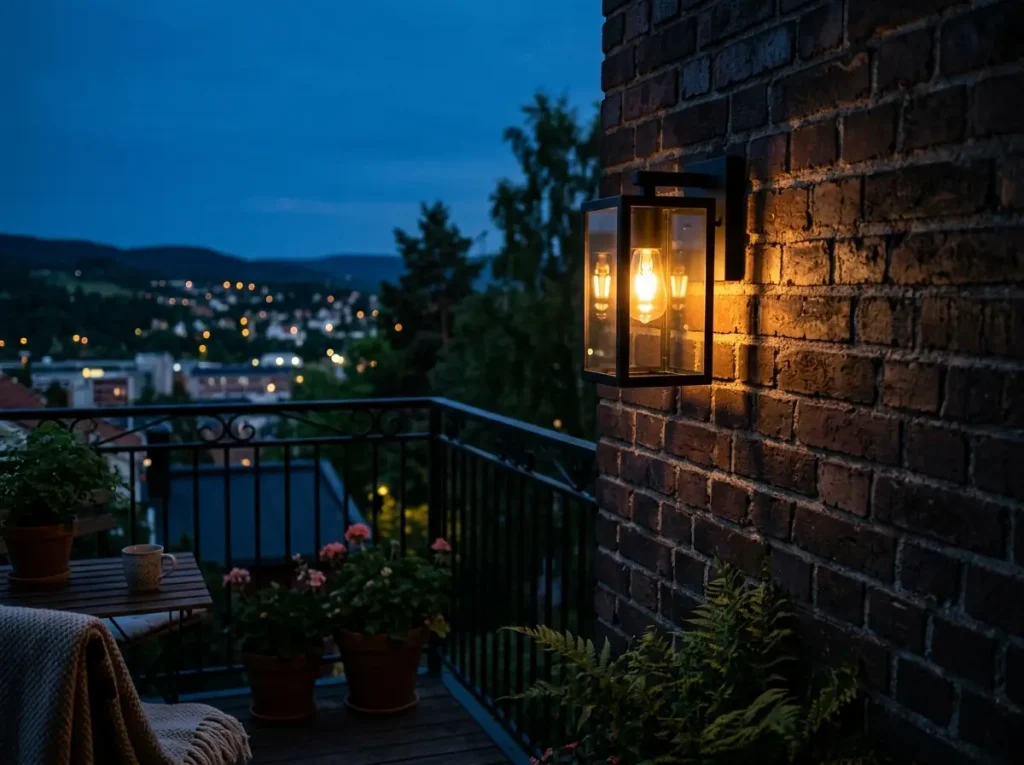 Balkon duvarında modern siyah dış mekan aplik.
