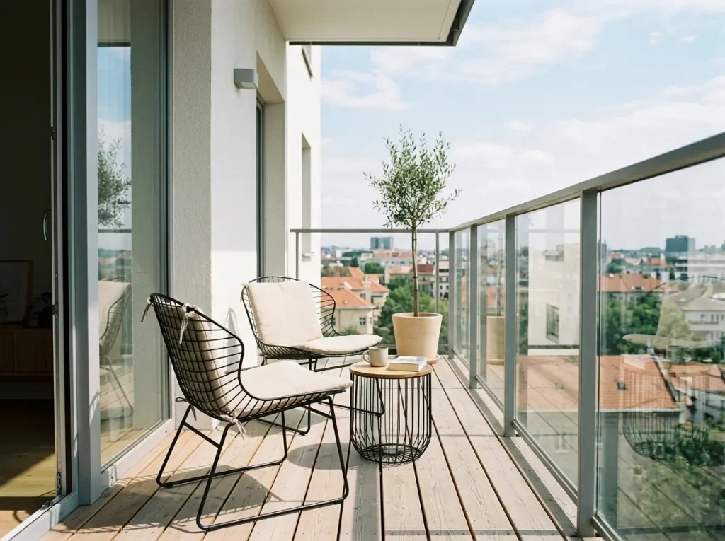 İnce metal ayaklı kibar balkon mobilyaları.