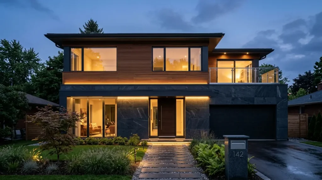 Modern villada koyu granit ve dayanıklı ahşap thermowood kombinasyonlu cephe