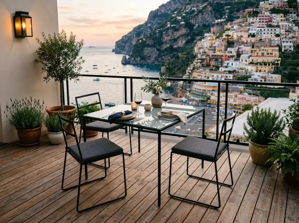 Minimalist tel sandalyeli hafif balkon tasarımı.