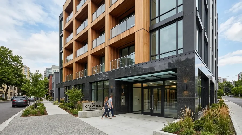 Koyu siyah granit ve ahşap thermowood kombinasyonlu apartman giriş cephesi