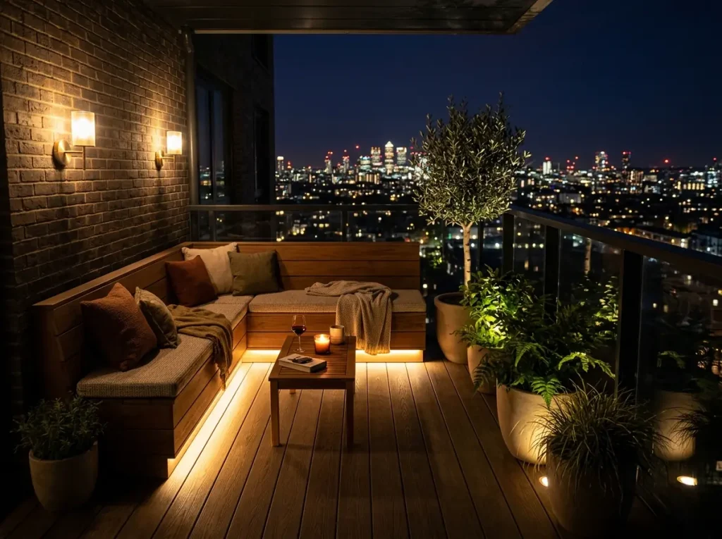 Gizli LED ve apliklerle katmanlı balkon aydınlatması.