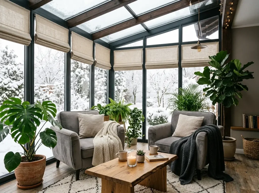 Plise perdeli ve koltuklu kapalı cam balkon.