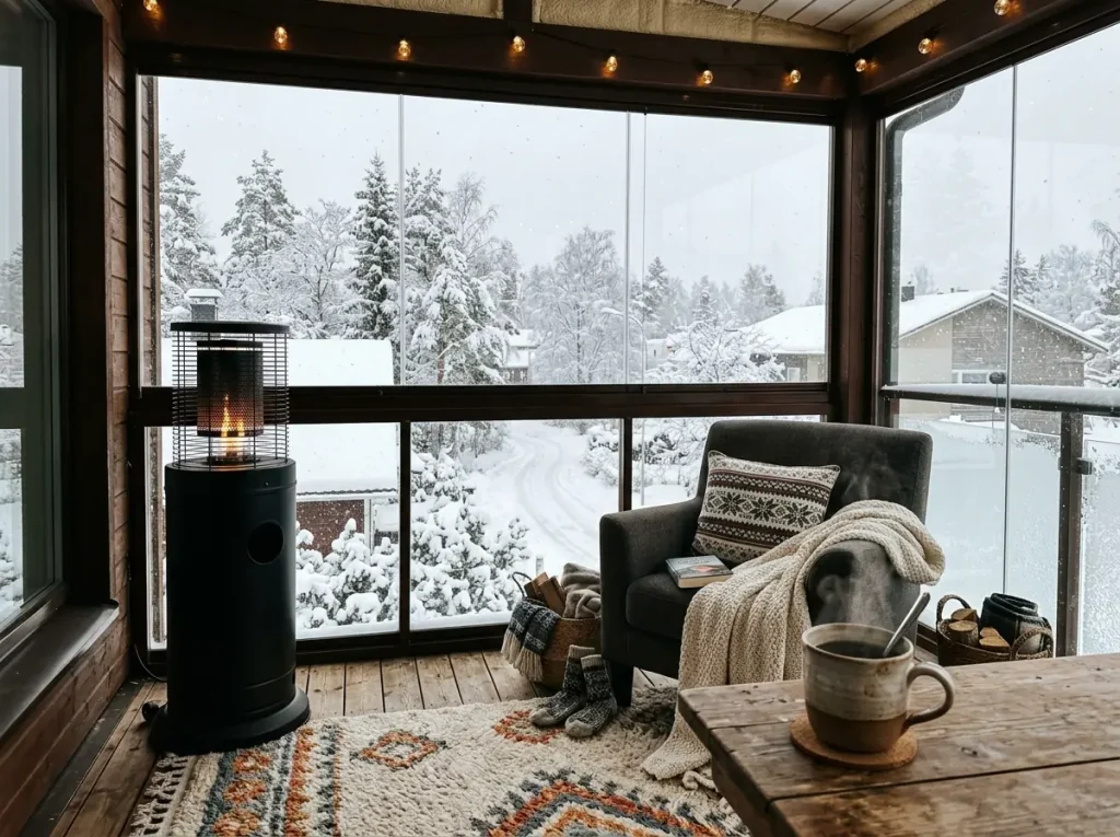 Isıtıcılı ve halılı kışlık cam balkon dekorasyonu.