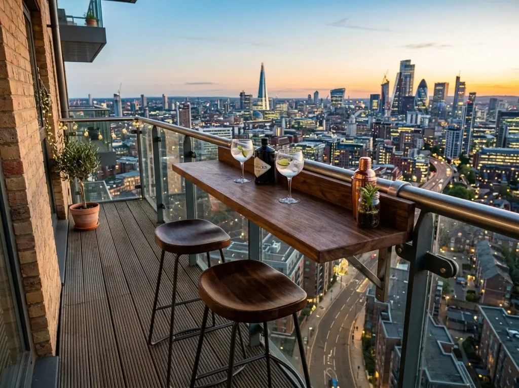 Balkon demirine asılan bar masası ve sandalyeler.