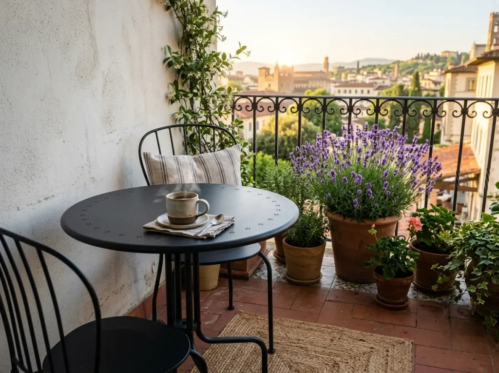 Bistro masa takımı ile küçük balkon kahve köşesi.