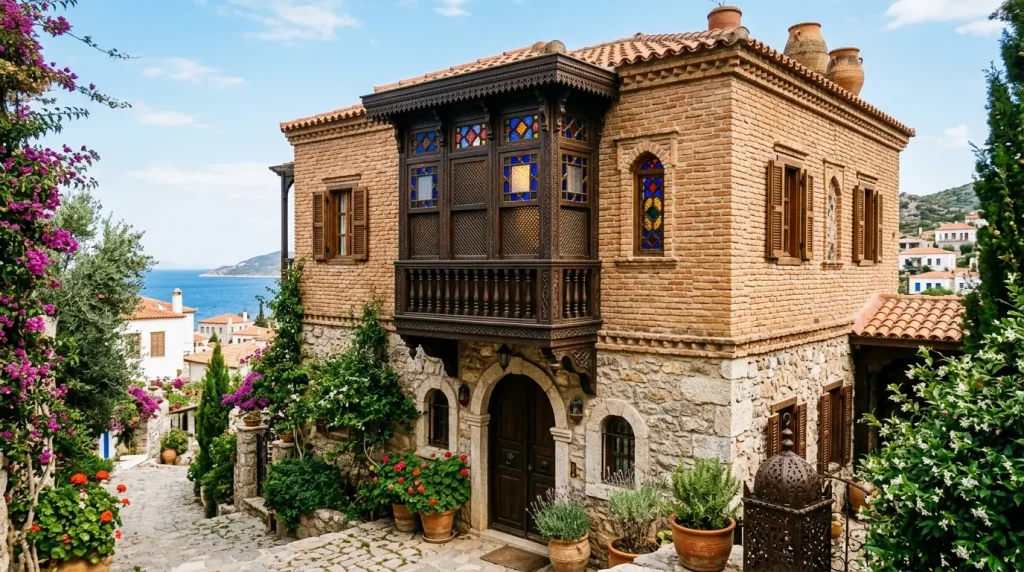 Sıcak Aydınlatmalı ve Ahşap Şahnişin Pencereli Geleneksel Villa