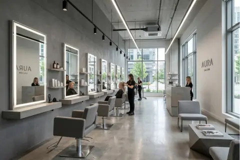 Pürüzsüz Yüzeyler ve Krom Detaylara Sahip Modern Güzellik Salonu
