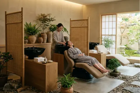 Japandi Tarzı Saç Yıkama Bölümü ve Dingin Spa Atmosferi