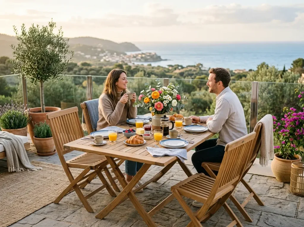 Balkon için ahşap katlanabilir yemek masası takımı.