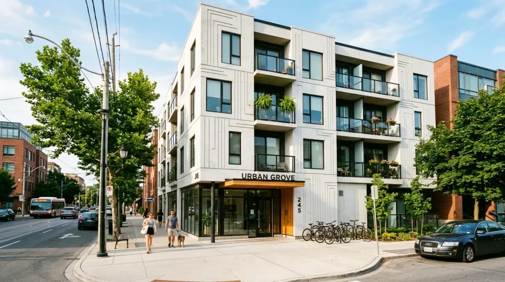 Sokak perspektifinden geometrik panelli yıkanmış beyaz çimento bina cephesi