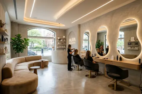Kavisli Mobilyalar ve Akıcı Formlarla Çağdaş Güzellik Salonu Dekorasyonu