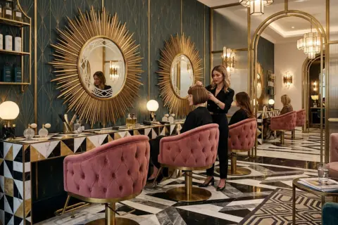 Altın Aynalar ve Güneş Işını Motifiyle Art Deco Kuaför Salonu Dekorasyonu