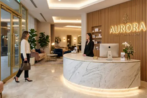 Aydınlatmalı Kavisli Mermer Resepsiyon Bankosu