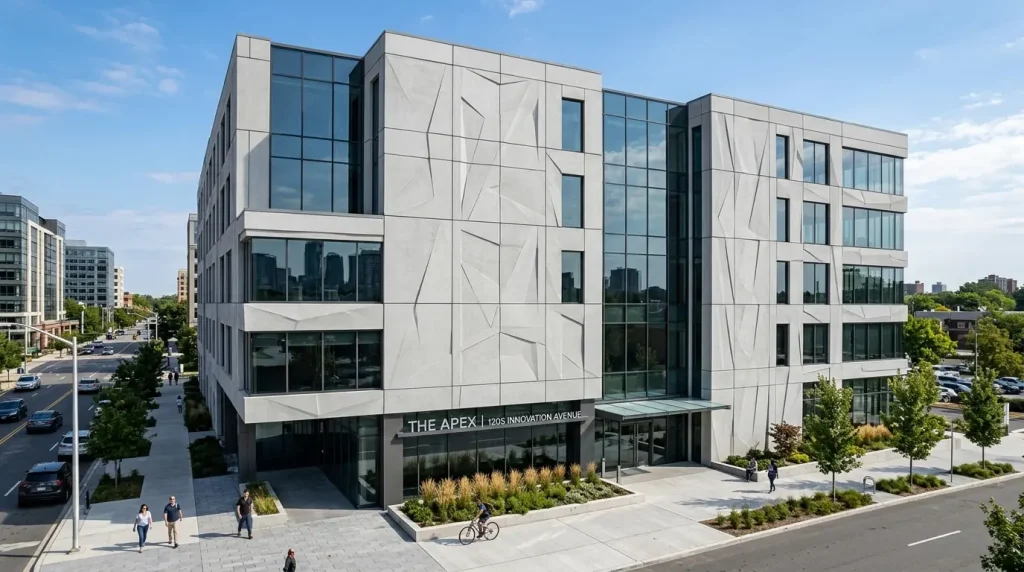 Ticari bina cephesinde prefabrik GFRC brüt beton panel montajı