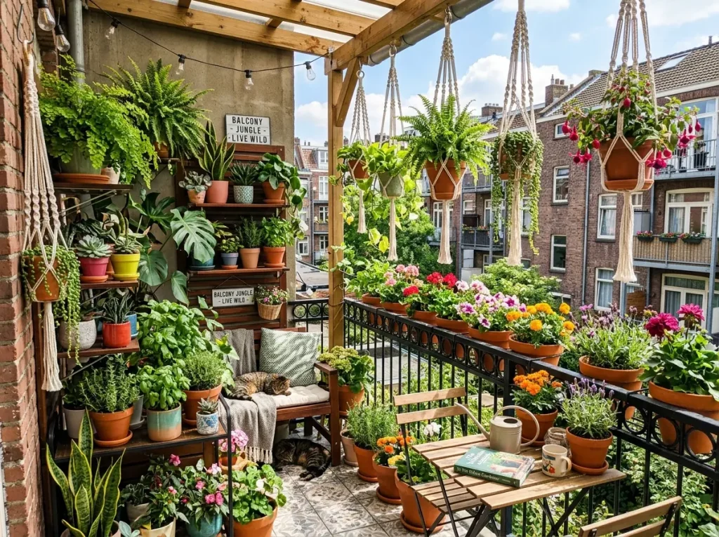 Balkon duvarında dikey saksılık ve yeşil bitkiler.