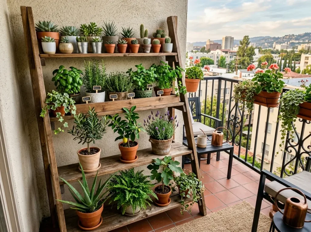Balkon için ahşap katlı saksı merdiveni.